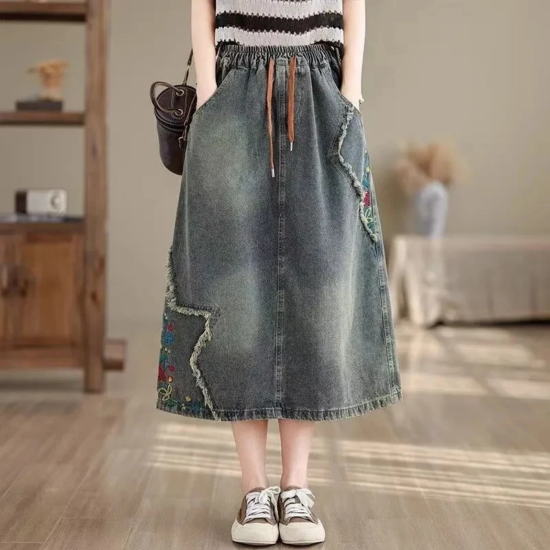 Korean Fashion Streetwear Womens Summer Classic Embroidery Loose Denim Skirts Ladies Casual Vintage Cartoon Clothes