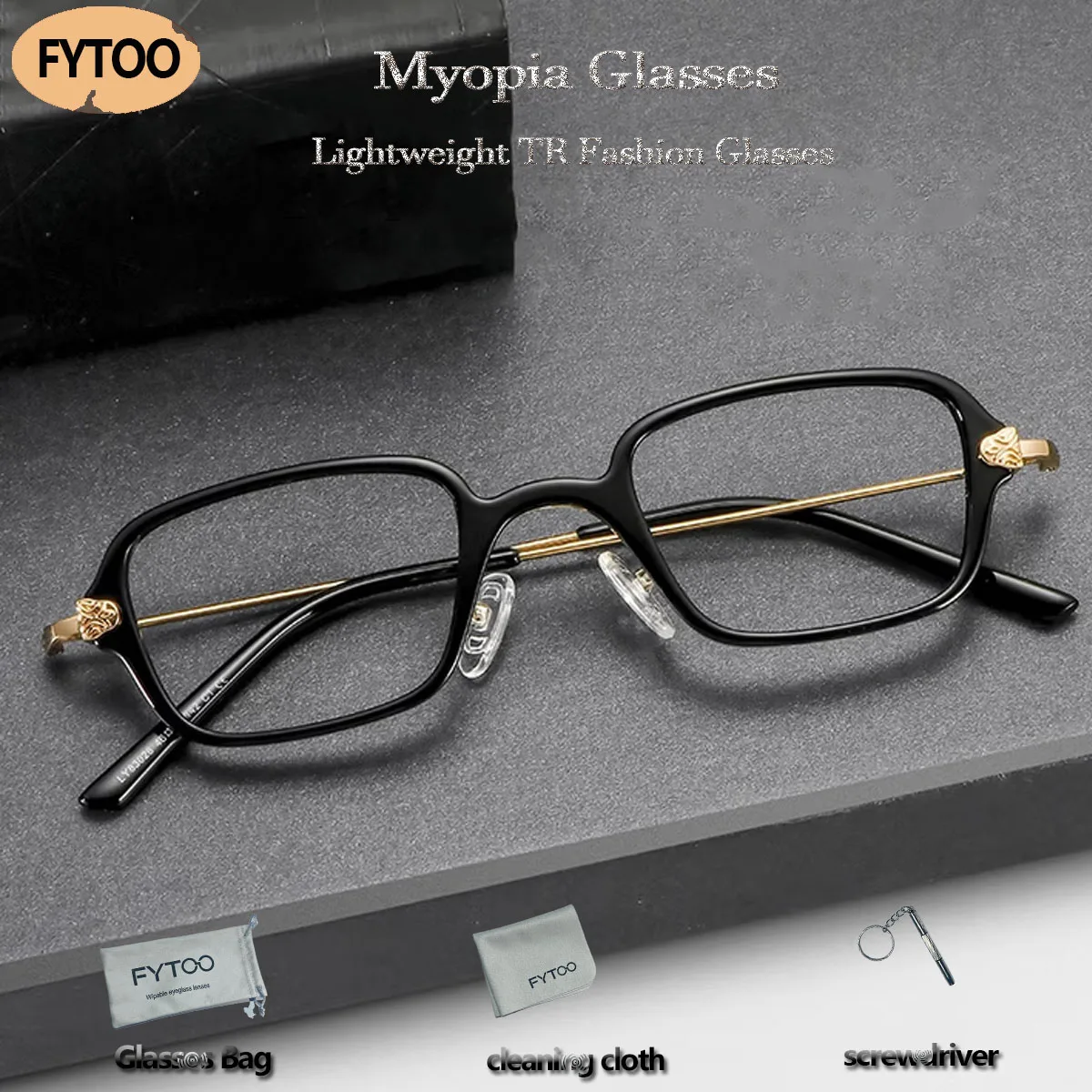 

FYTOO Stylish Black Golden Lightweight TR Myopia Glasses Prescription Ready,Sleek Aura Includes Case, Cleaning Cloth Screwdriver