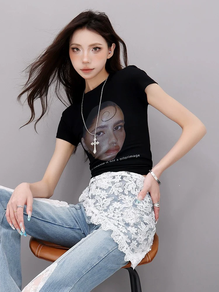 

Женская летняя футболка NZNB American Sle ort Sve Slim Fit с портретным принтом, черная, удобная, дышащая, влагоотводящая...