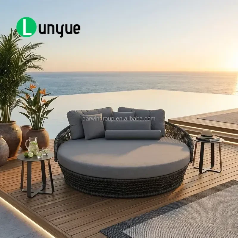 Modern Woven Rope Outdoor Lounger Large Circular Terrace Sunbed Waterproof Fabric Garden Furniture for Resort Hotel Project