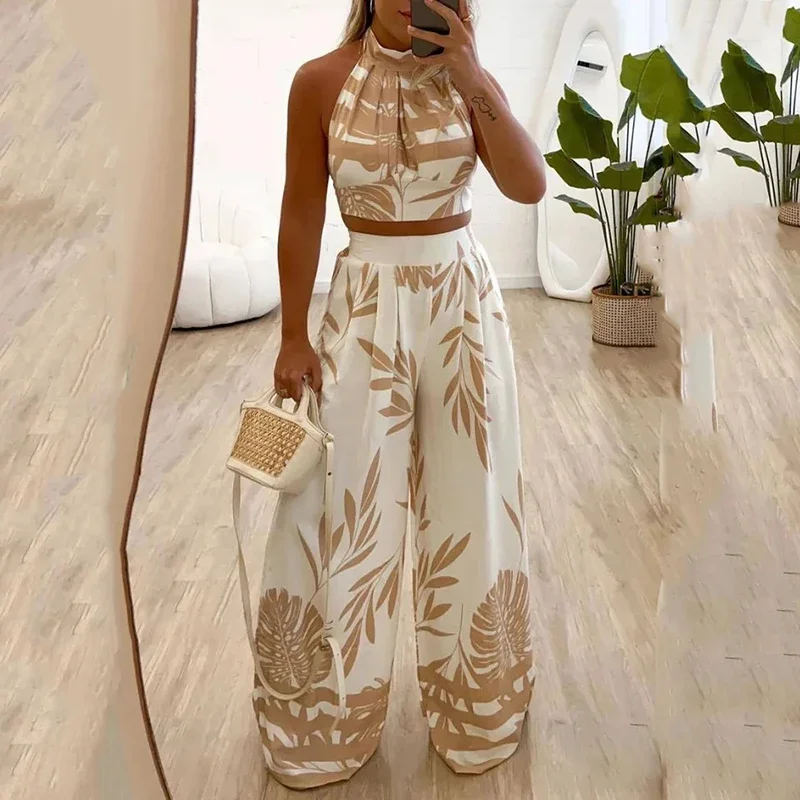

Summer Vacation Beach Ladies Set Sexy Halter Backless Ultra Short Vest and Long Pants 2 Piece Set Casual Loose High Waist Wide