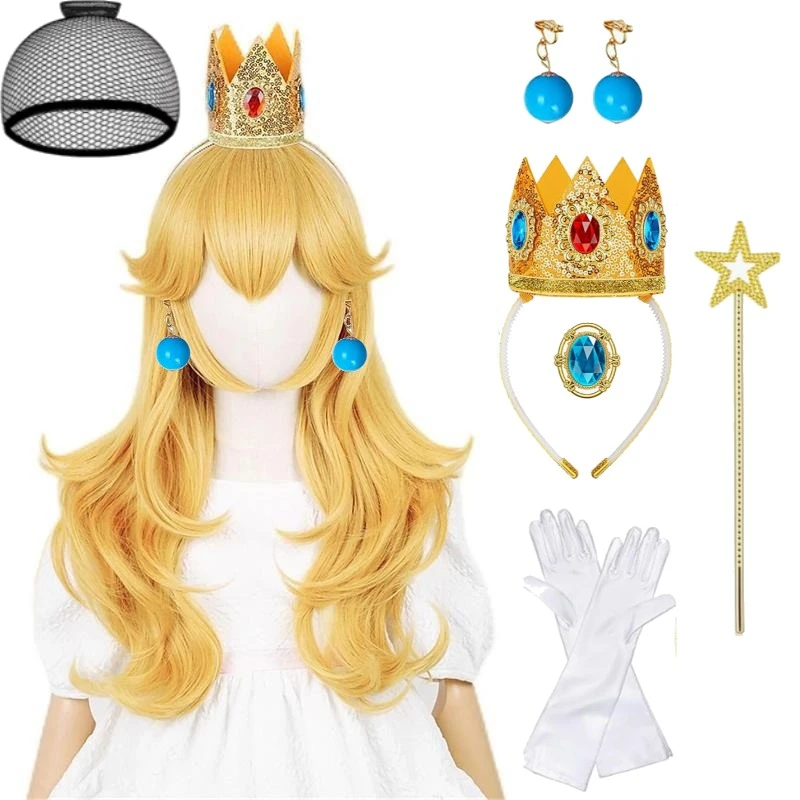 

Long Straight Peach Wig for Girls Princess Cosplay Wig Set Halloween Birthday Party with Crown Headwear Earrin Glove Magic Wand
