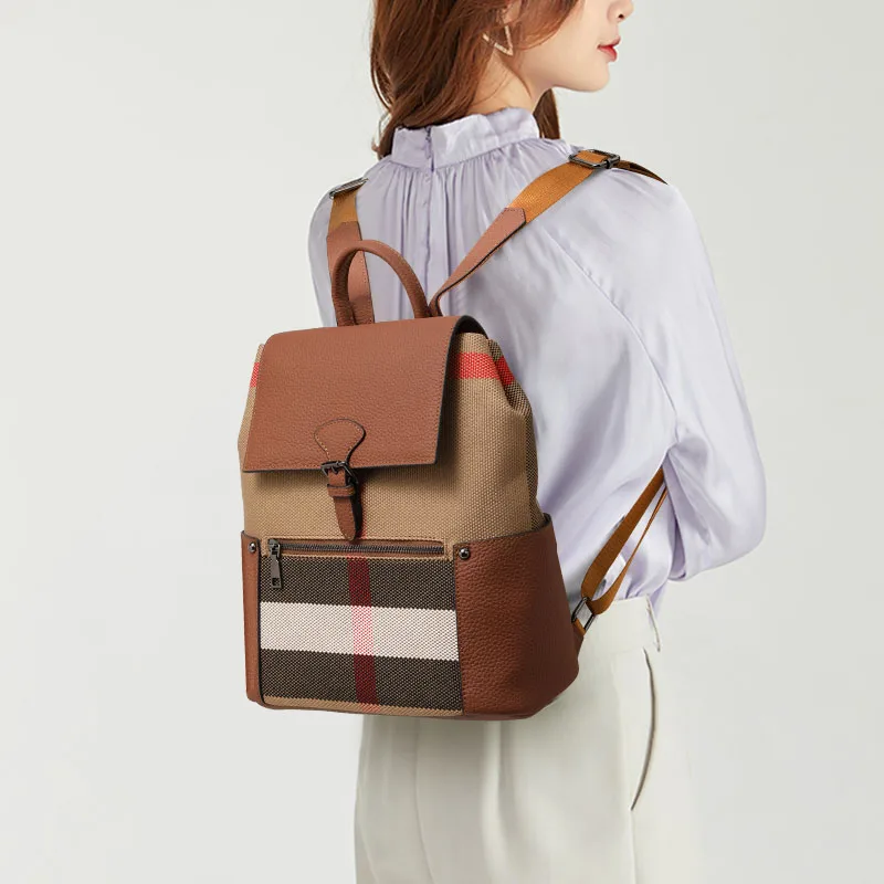 Women's Genuine Cowhide Leather Canvas Plaid Backpack Convertible Shoulder Bag Large Capacity Travel Bag for Daily Use
