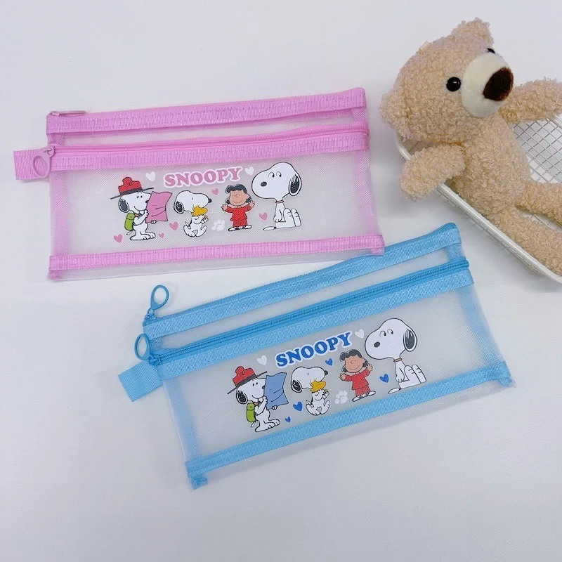 New Snoopy Double-layer Pen Bag with Mesh Storage Bag Cartoon Water Resistant Student Stationery Transparent Cartoon Gift