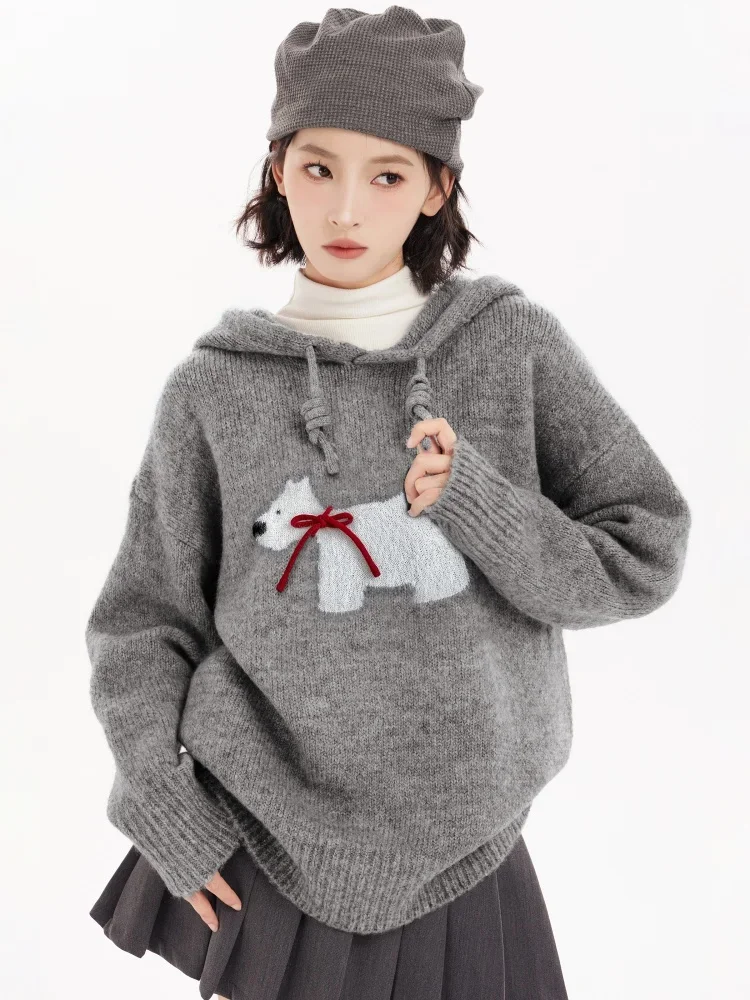 Winter Gray Hooded Loose Pullover American College Style Knitwear Cute Dog Jacquard Sweater Women E-girl Autumn Long Sleeve Top