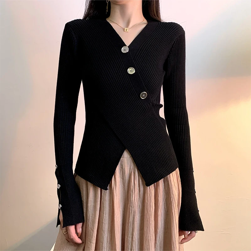 

Bla V-ne Knitwear Women's Autumn Winter Slimming Base irt Internal Match Asymmetrical Design Long Sve Crew Ne