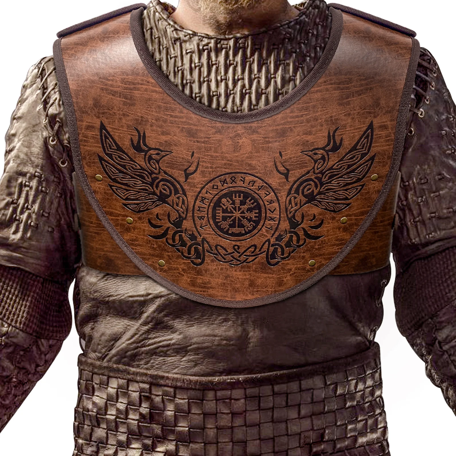 Men's Nordic Phoenix Embossed Leather Armor Viking Style Compass Attached Chest Armor Retro Knight Cosplay Half Body Armor Men