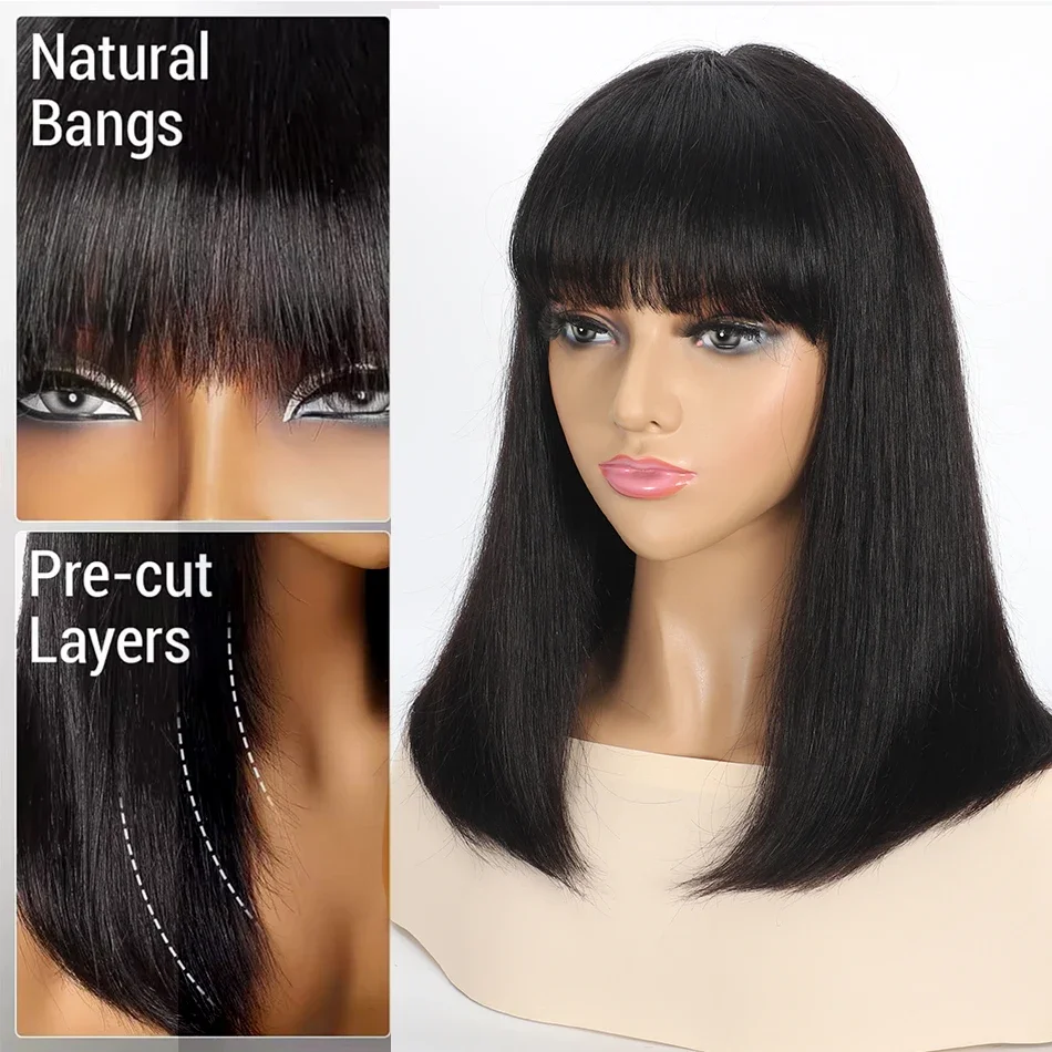 Bone Straight Human Hair Bob Wigs Full Machine With Bangs Glueless 100% Brzailian For Women Choice None Lace Front Cheap On Sale