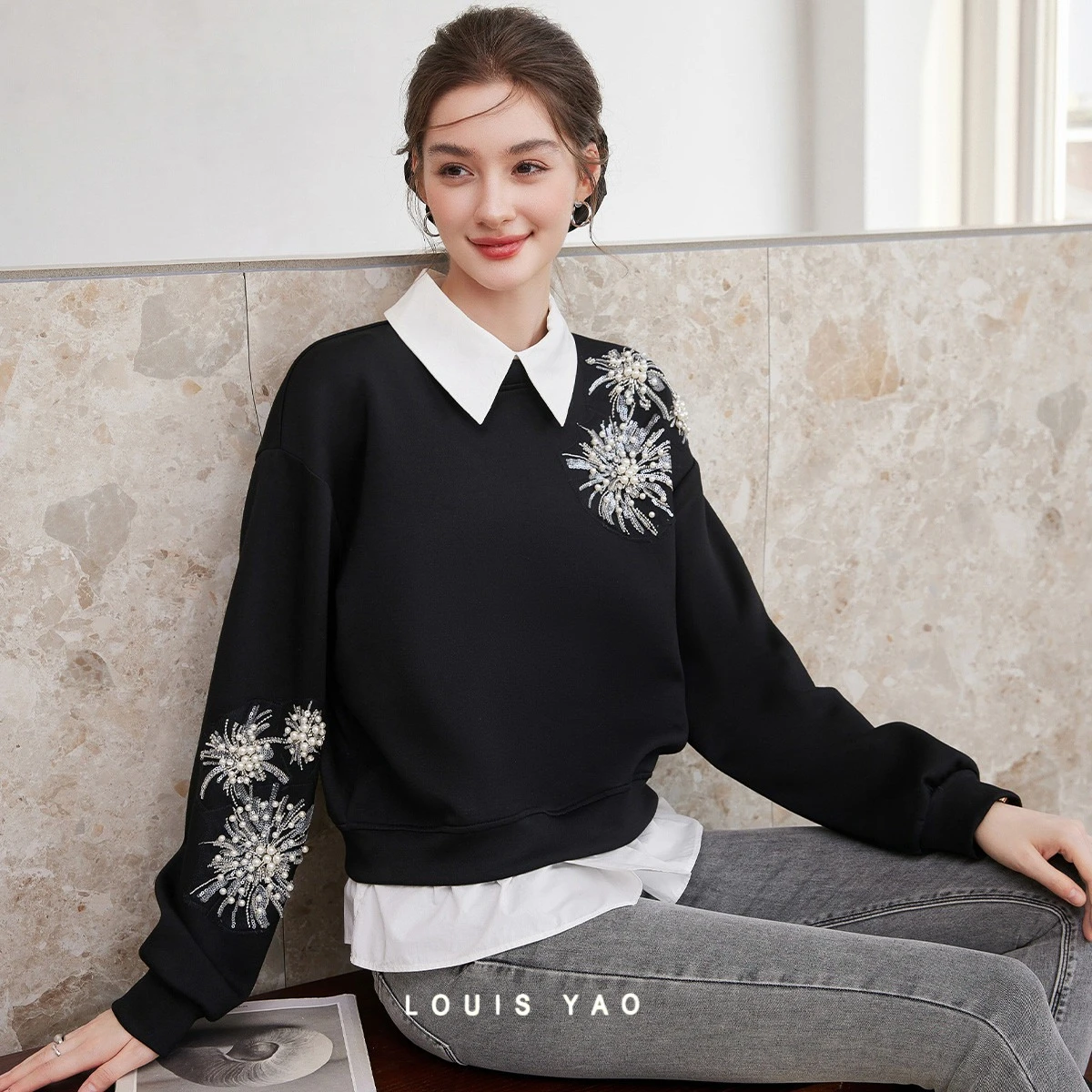 

Женская толстовка LOUIS YAO с цветочным узором и бисером, весна-осень 2026, пуловер в нежном стиле, свободный крой, с пайетками