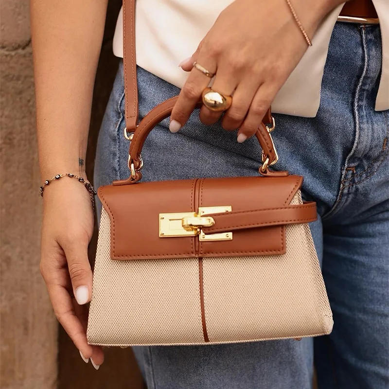 

Luxury Brand Handbag Canvas Patchwork Messenger Bag Long Shoulder Strap Trapezoidal Bag Hand-held Square Bag Women Banquet Purse