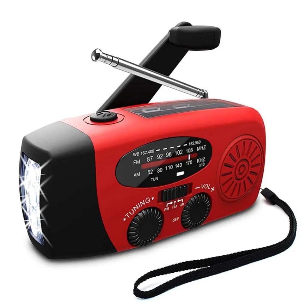 Tragbares Solar-FM-Radio, USB-Aufladung, 2000 mAh, AM/FM-Wetterradio, Handy-Aufladung, rote Handkurbel-Generatorbeleuchtung