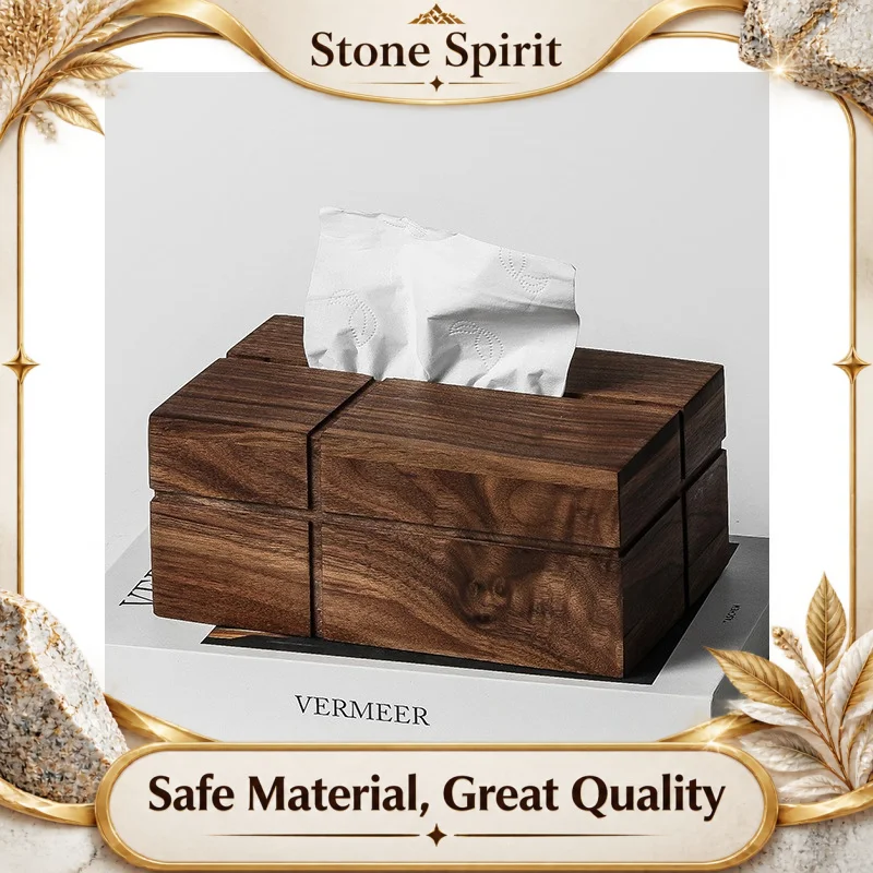 Wabi Sabi Solid Wood Tissue Box, Walnut Finish Paper Napkin Holder, Minimalist Nordic Coffee Table Decor for Living Room Desktop