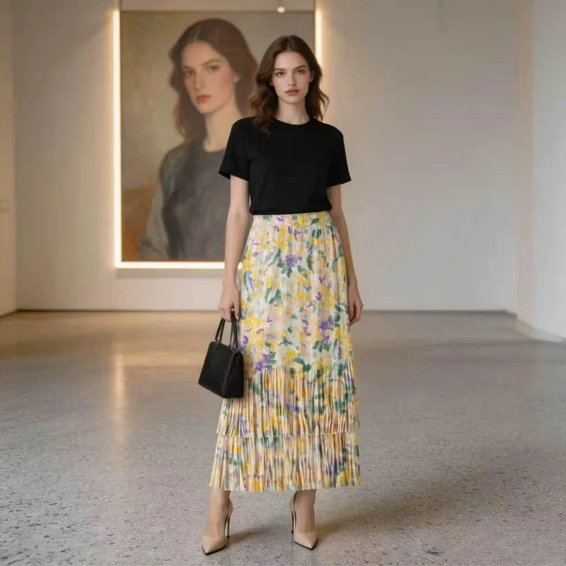 

Miyake Pleated 2026 Original Niche Design Tassel Skirt Women Summer Casual Pleated Mid-Length Fashion Yellow Floral Skirt Pleat