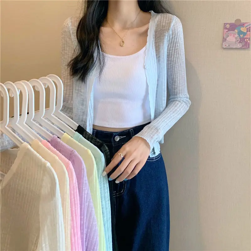 

Summer Thin V-neck Knitted Cardigan Shirts Women's Short Air-conditioned Shirt Shawl Ice Silk Long Sleeve Sunscreen Blouses Blue