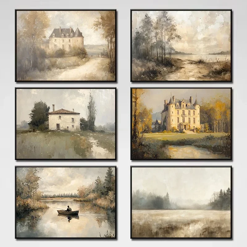 Antique European Castle Farmhouse Countryside Forest Boat Landscape Poster Canvas Painting Wall Art Pictures Home Room Decor