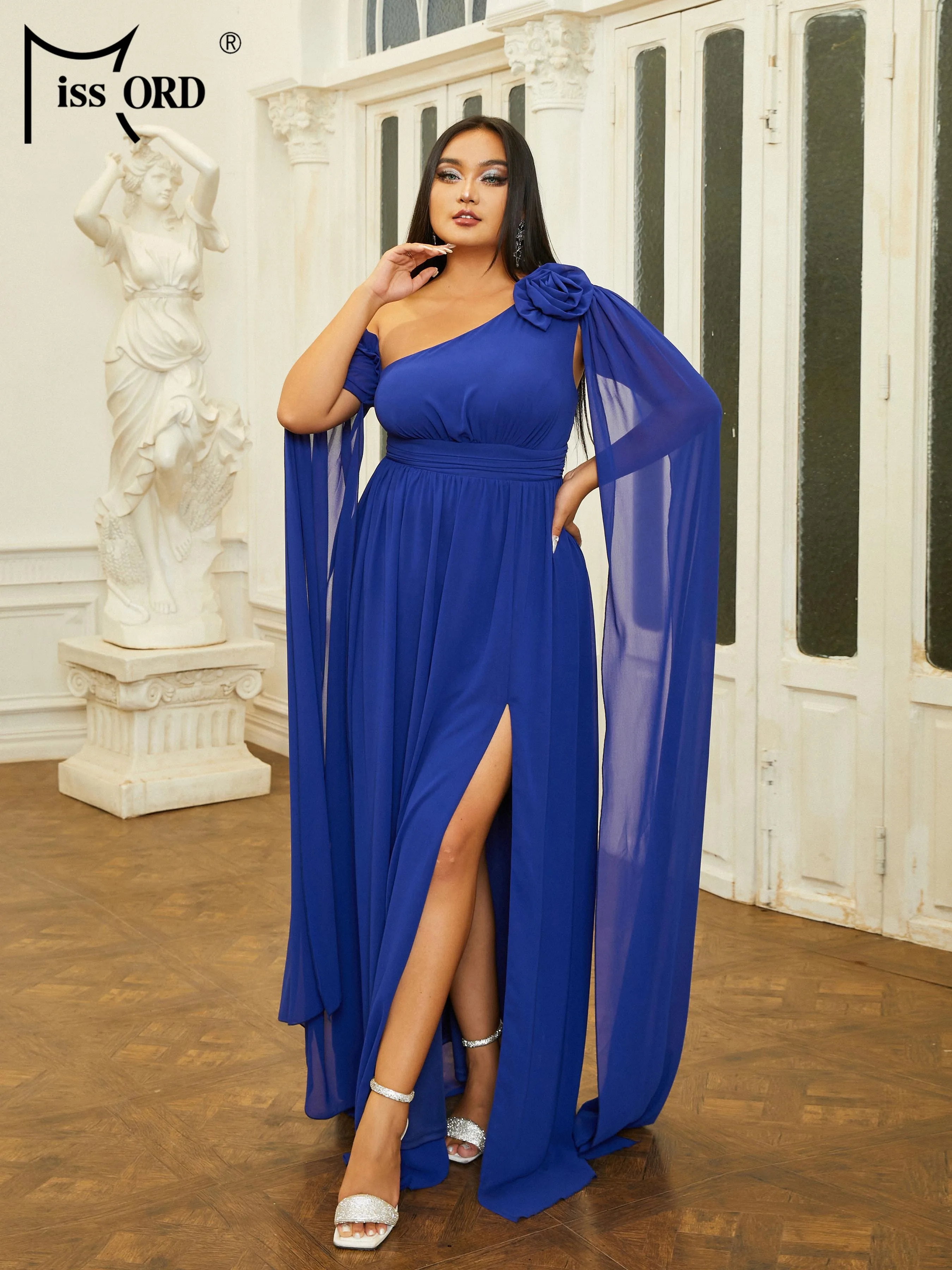 Missord Plus Size Blue Off shoulder Long Sleeved A-line Evening Gown Wedding Birthday Party Dress