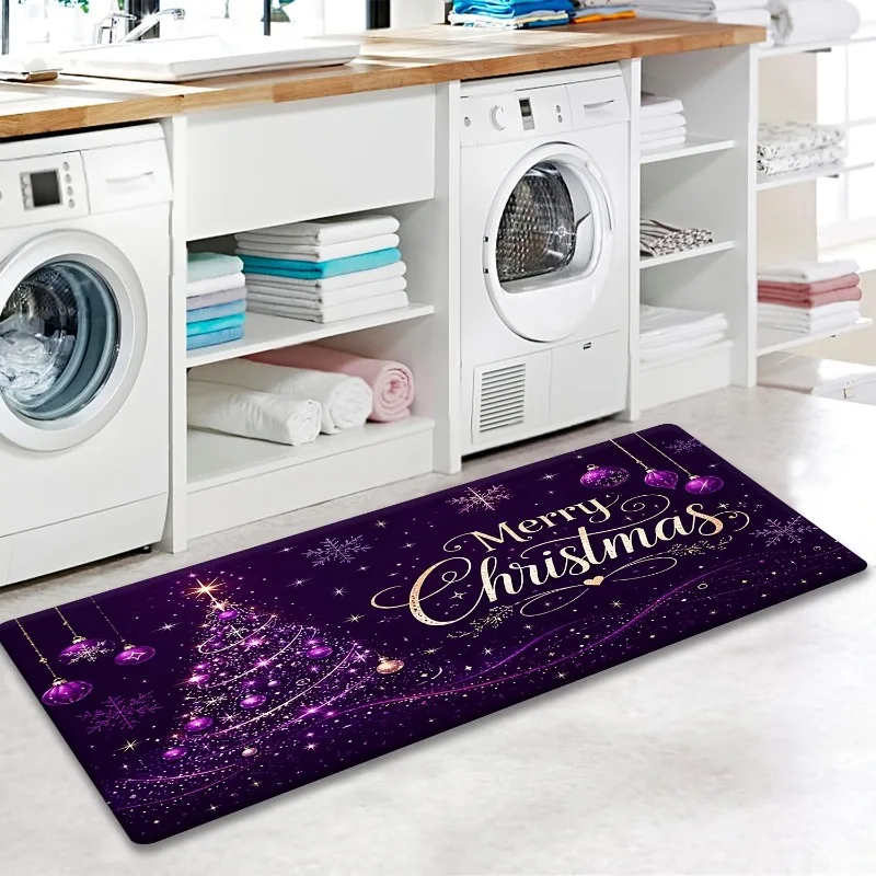 Premium Printed Holiday Runner Rug Sparkly Purple Christmas Tree Bauble Snowflake Pattern Carpet Indoor Floor Rug for Decoration
