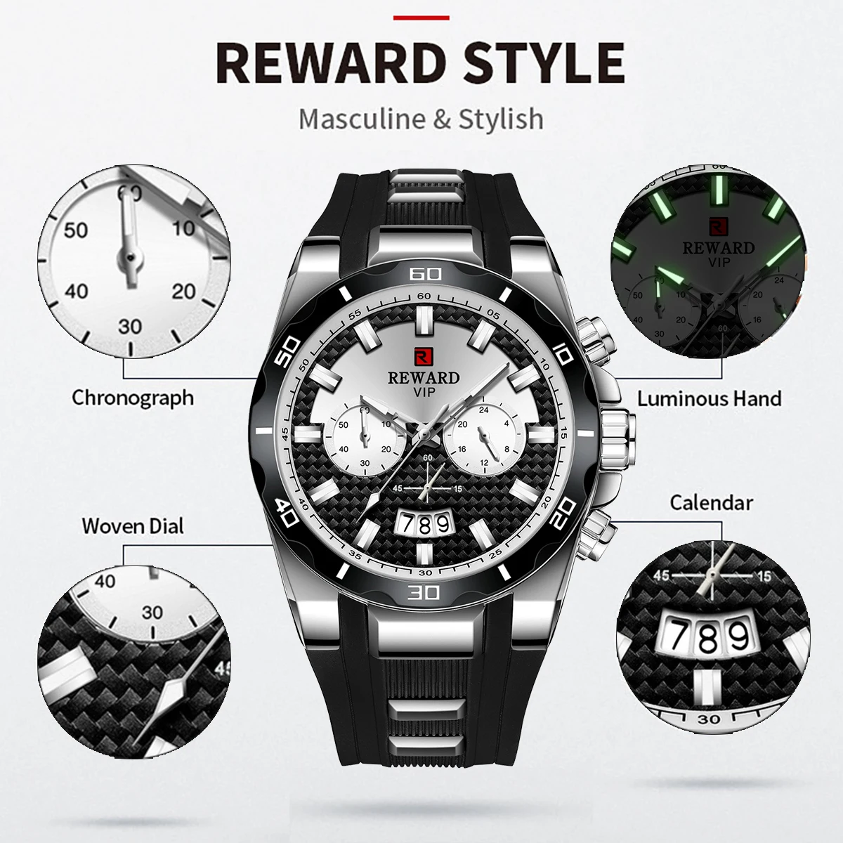 Black REWARD Quartz Watches Multi-functional Dial Silicone Band Sport Men Watch Hommes Montres