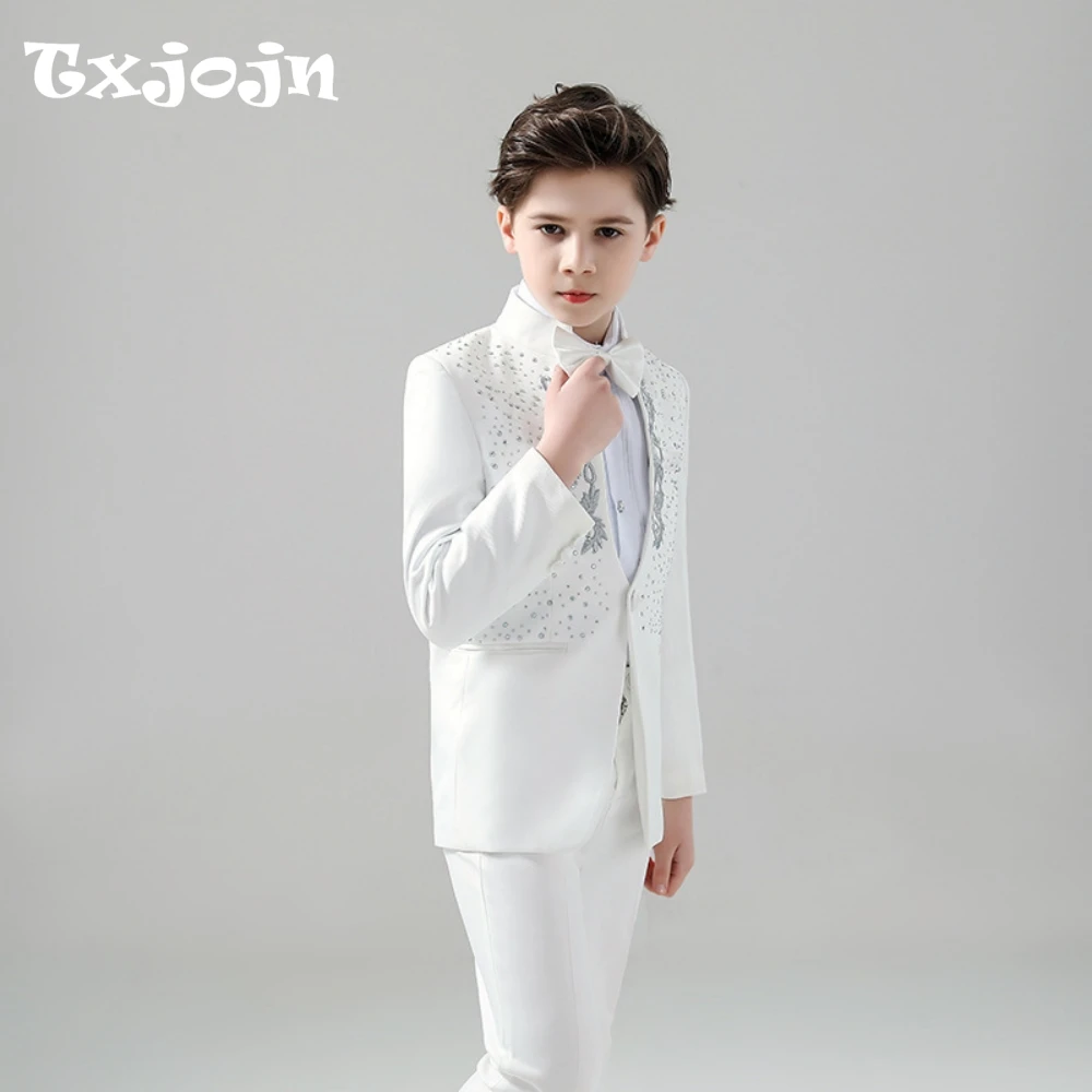 

White Elegant Beaded Suit Set 2 Pieces For Kids Wedding Ring Bearer Outfit,Fashionable Stand-up Collar Boys Tuxedo For Party