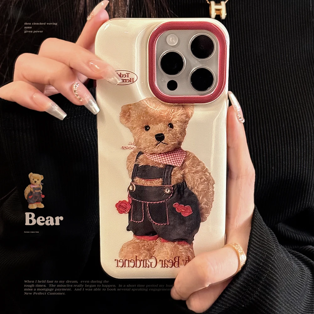 White Denim Strap Bear for IPhone 11 Case IPhone 12 Pro Max 13 Pro 14 Plus 15 Pro Max XR X XS Max  Liquid Silicone Cover Fundas