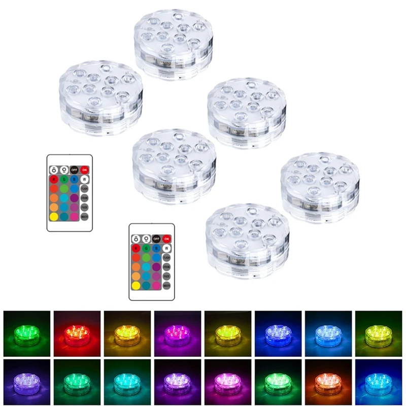 

6PCS LED RGB Submersible Light 16 Colors Underwater Lamp For Ponds Decoration Parties Vase Bases Spas Aquariums