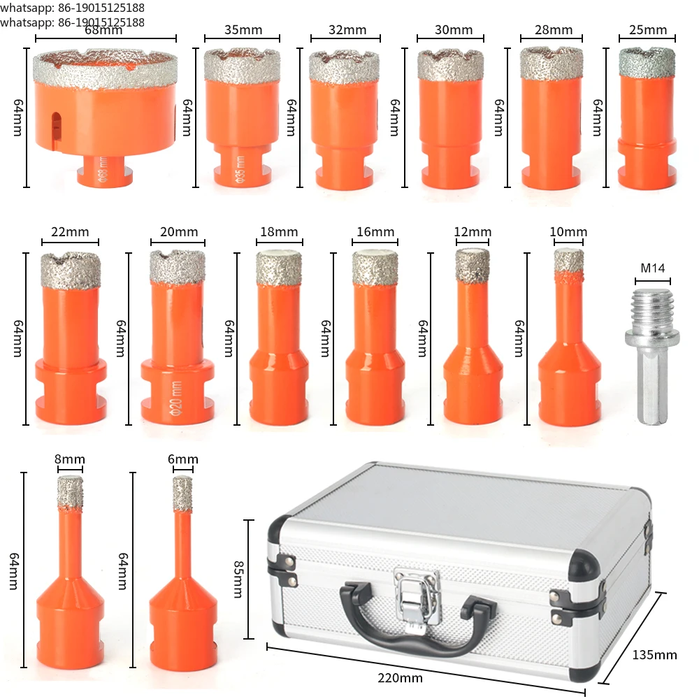 M14 Thread Diamond Dry Vacuum Brazed Drilling Core Drill Bits Set Porcelain Cup Saw Tiles Granite Marble Hole Saw Tools 15Pcs