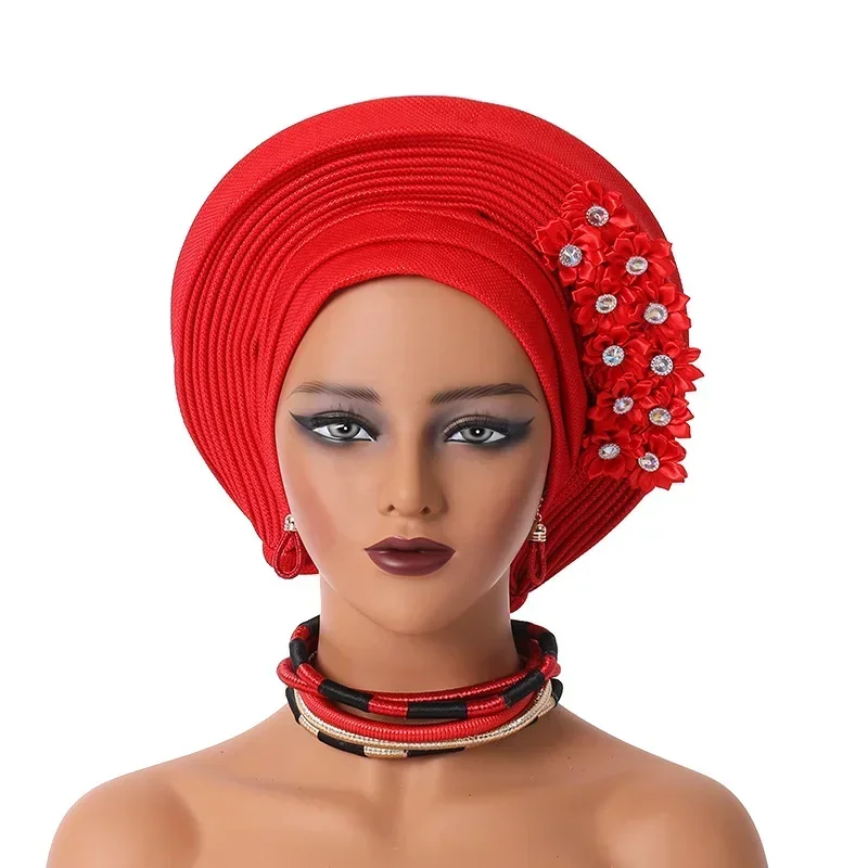 African Already Made Hat Auto Gele Women Hijab Headtie Nigeria Wedding Party Bonnet Female Head Wrap Headpiece Sequin Turban Cap