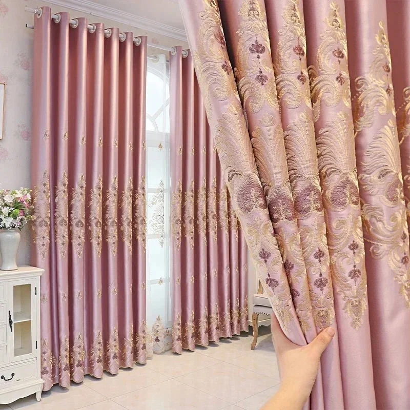 

New Pink Curtains for Living Room Luxury European High Shading Blackout Drapes Embroidery Flower Elegant Window Curtain Bedroom