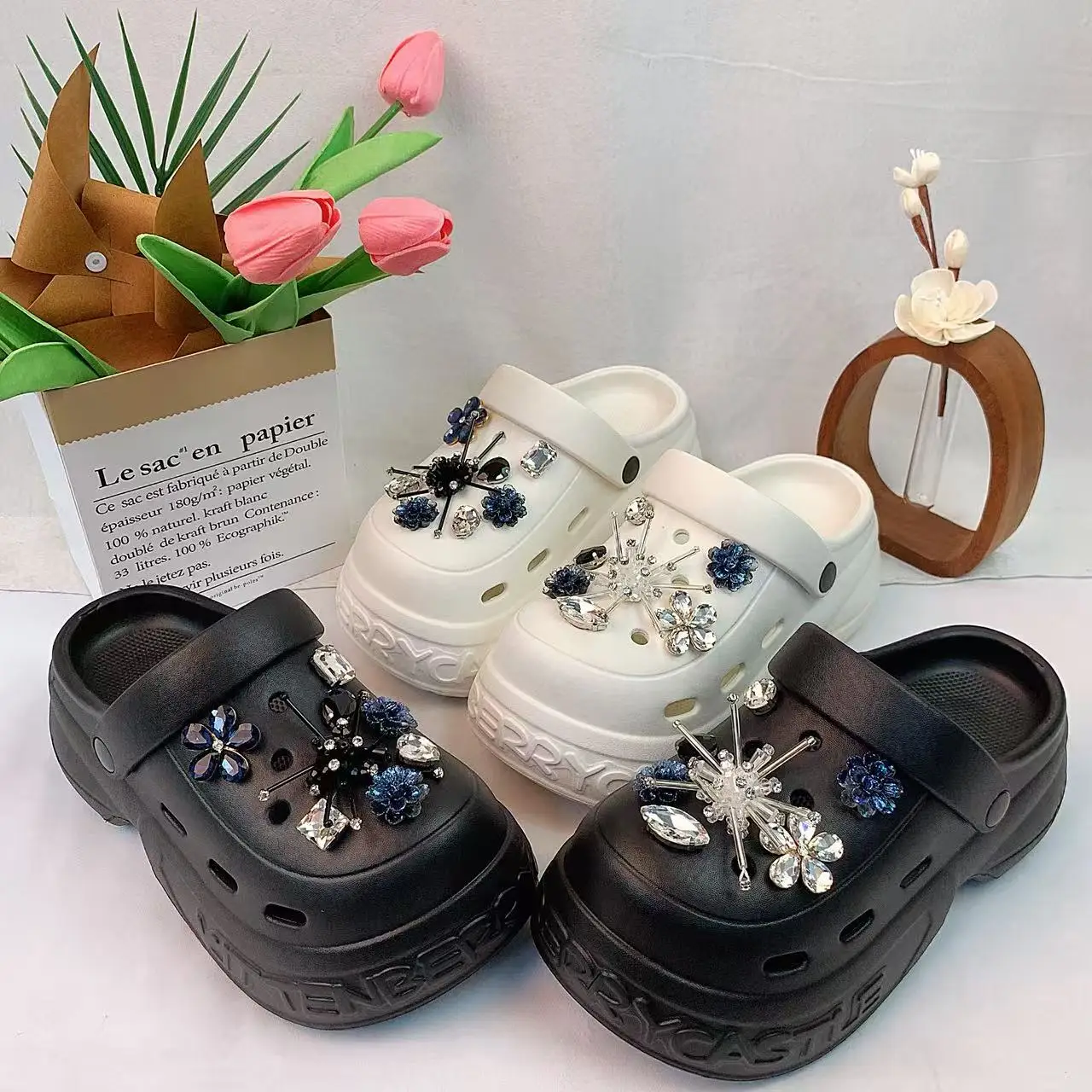 Fashion Shoe Accessories New Style Compatible with Clogs, Blue Crystal Set, Thick-Soled Closed-Toe Sandals, Shoe Accessories