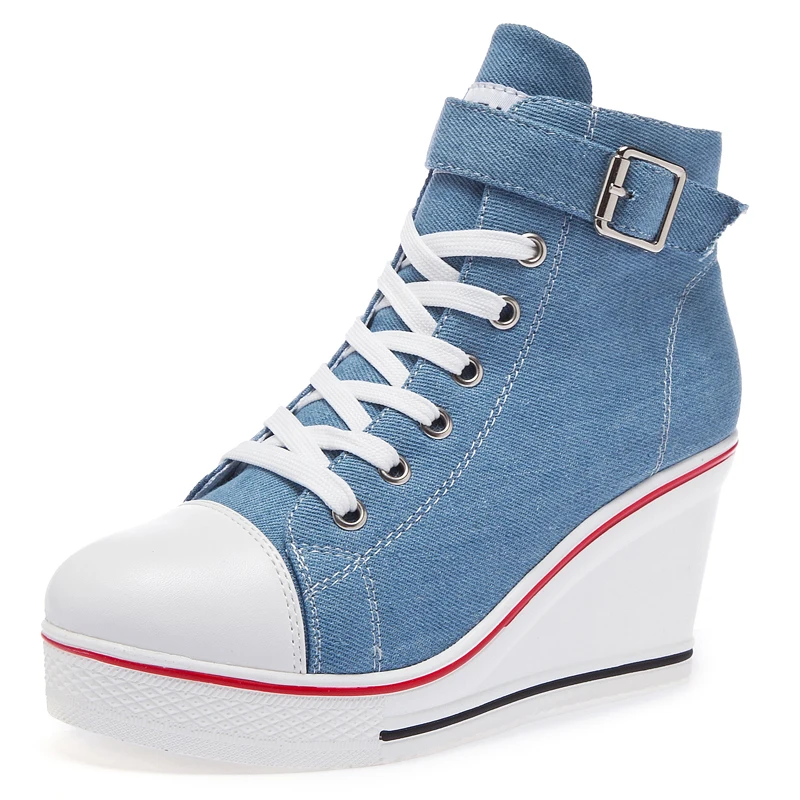 Zapatillas altas de lona para mujer, zapatos de cuña, zapatos de lona con cordones en el tobillo para mujer, talla 35-43