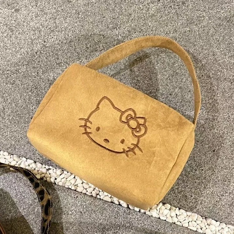 Bolsa de Maquiagem Sanrio Hello Kitty, Bolsa Cosmética de Suede KT, Grande Capacidade, Organizador de Maquiagem para Viagem Bordado