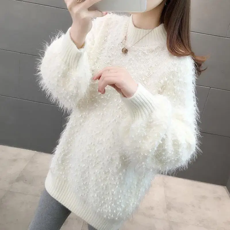 Women's Solid Color Korean Mid Length Tassel Knitted Autumn and Winter Loose Half High Neck Long Sleeve Sweater Tops Pullover