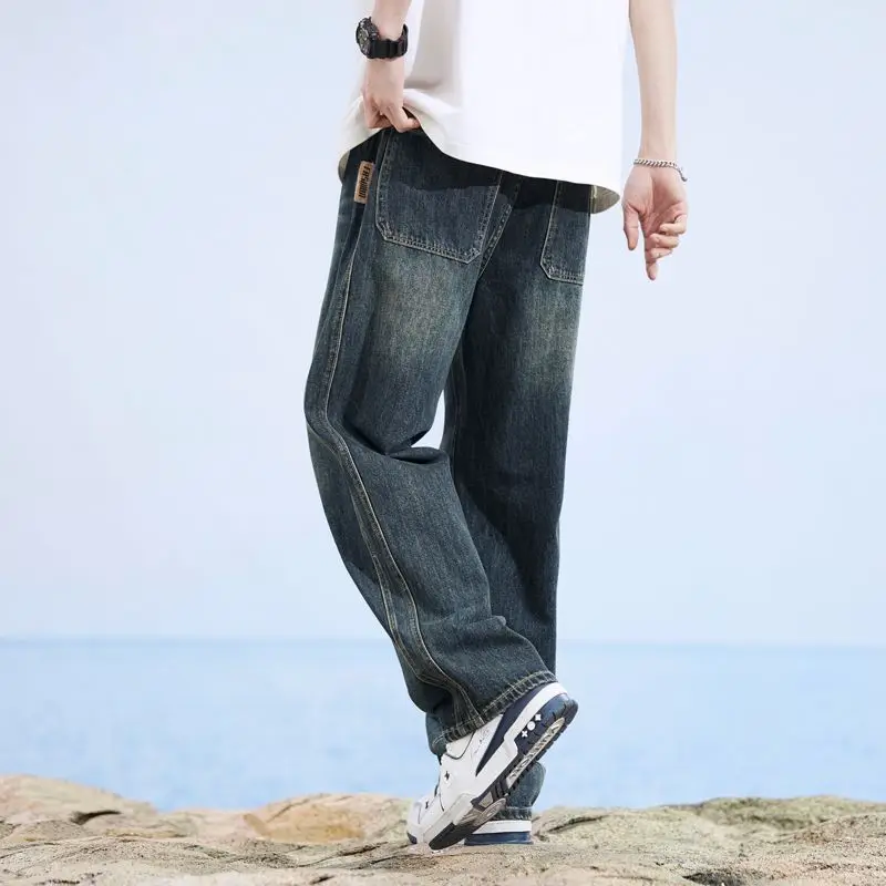 Stretch-Jeans für Herren, Baumwolle, Qualität, weich, locker, weite Hose, elastische Taille, lässige Denim-Hose, Streetwear, Baggy-Jeans für Herren, Sommer