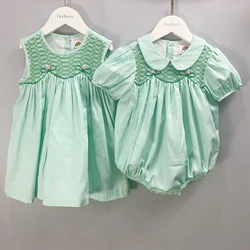 Baby Girl Clothing Smocking Bubble Handmade Court Style Green Cotton Puff Short Sleeve Summer Romper Birthday Dress For 0-2years