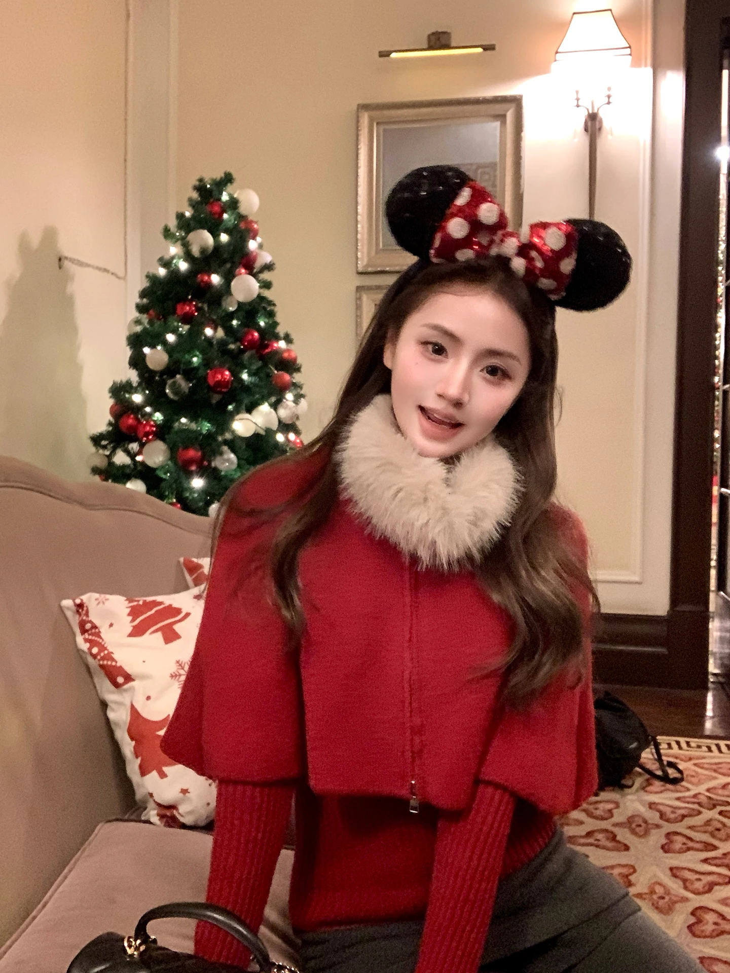 

Ay Snow Early Misses Two-Piece Set Knitted Sweater with Fur Collar Cowl Ne Cape Casual Loose Fit Long Sve Thiened