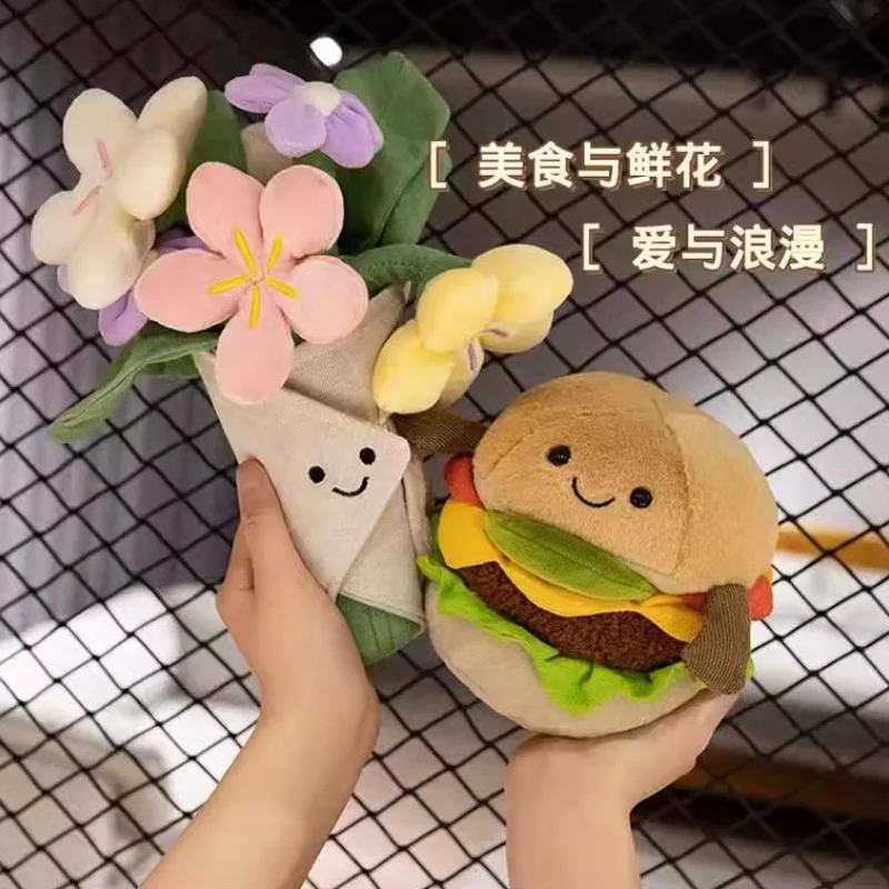 Soft Simulation Hamburger Plush Stuffed Toys Creative Food Burger Cartoon Flower Bouquet Pillow Girlfriends Birthday Gifts