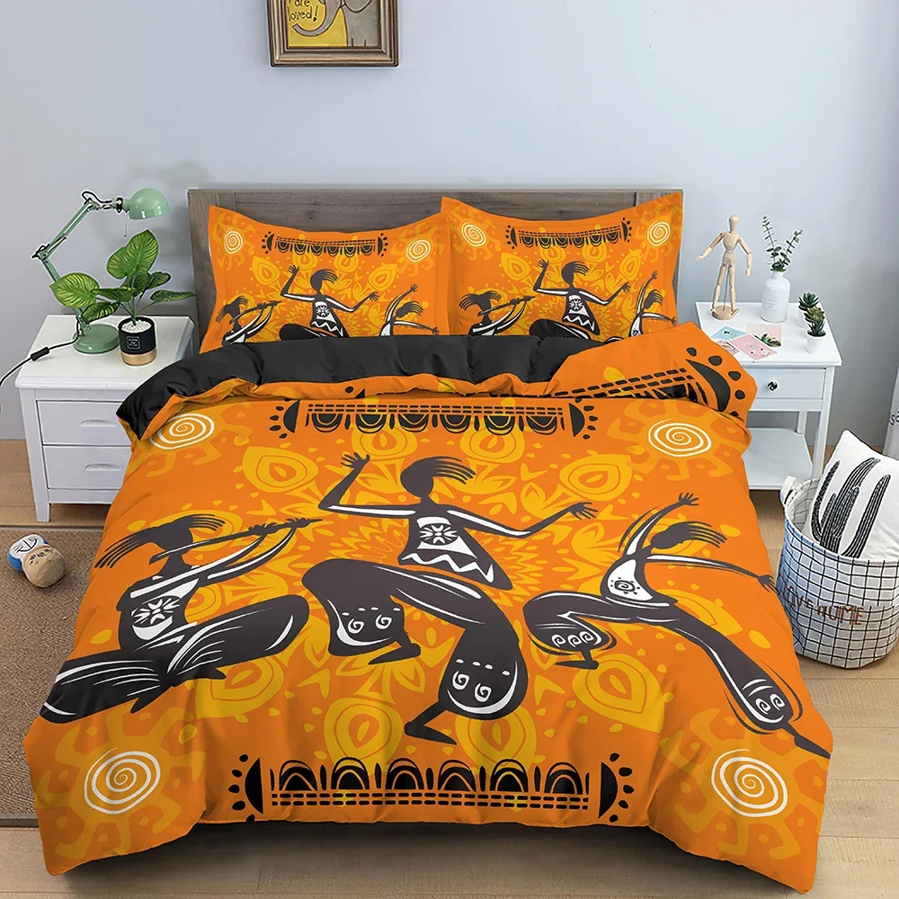 

African Ethnic Bedding Set Orange Bohemian Style Duvet Cover King Queen Vintage Woman Polyester Comforter Cover for Teens Adults