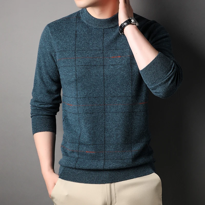 

New 100% Wool Plaid Pullover Men's Sweaters Luxury Long Sleeve Round Collar Computer Knitted Spring Autumn Male Sweaters 4XL