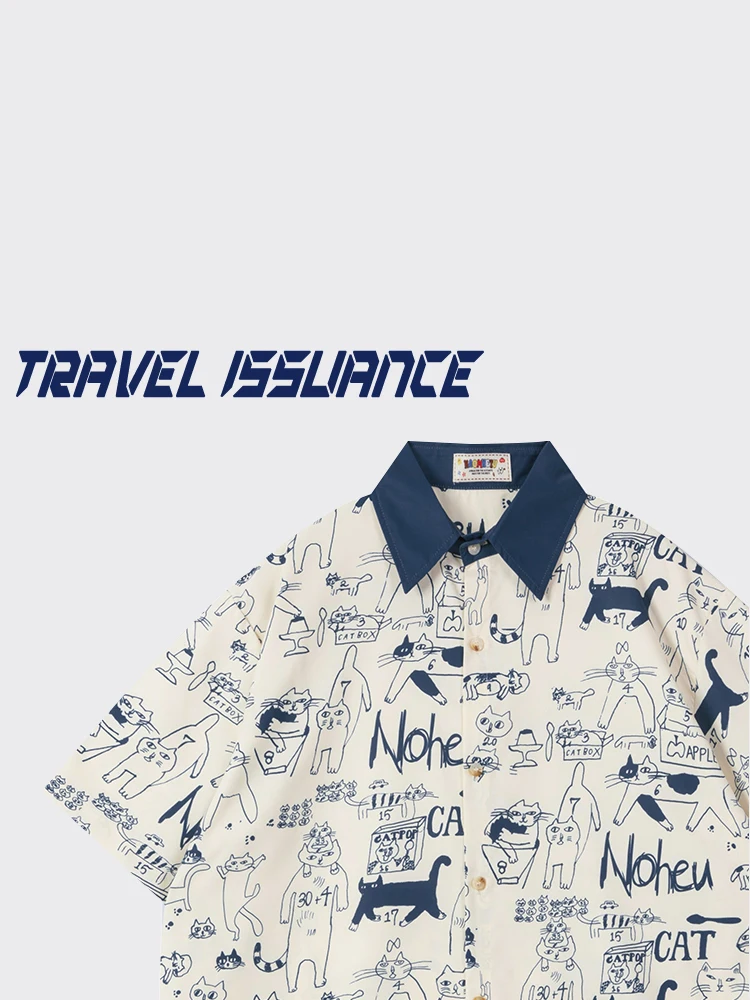 Travel Issuance Loose Short Sleeve Shirt Graffiti Print Collared Japanese Design  Paradise Summer 2025 China Made