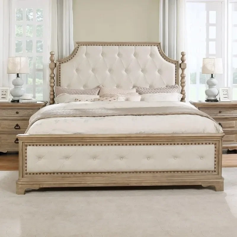 Solid Wood Queen Bed with Roman Columns Rustic European Style Double Frame for Master Bedroom Modern Simple Luxury Design