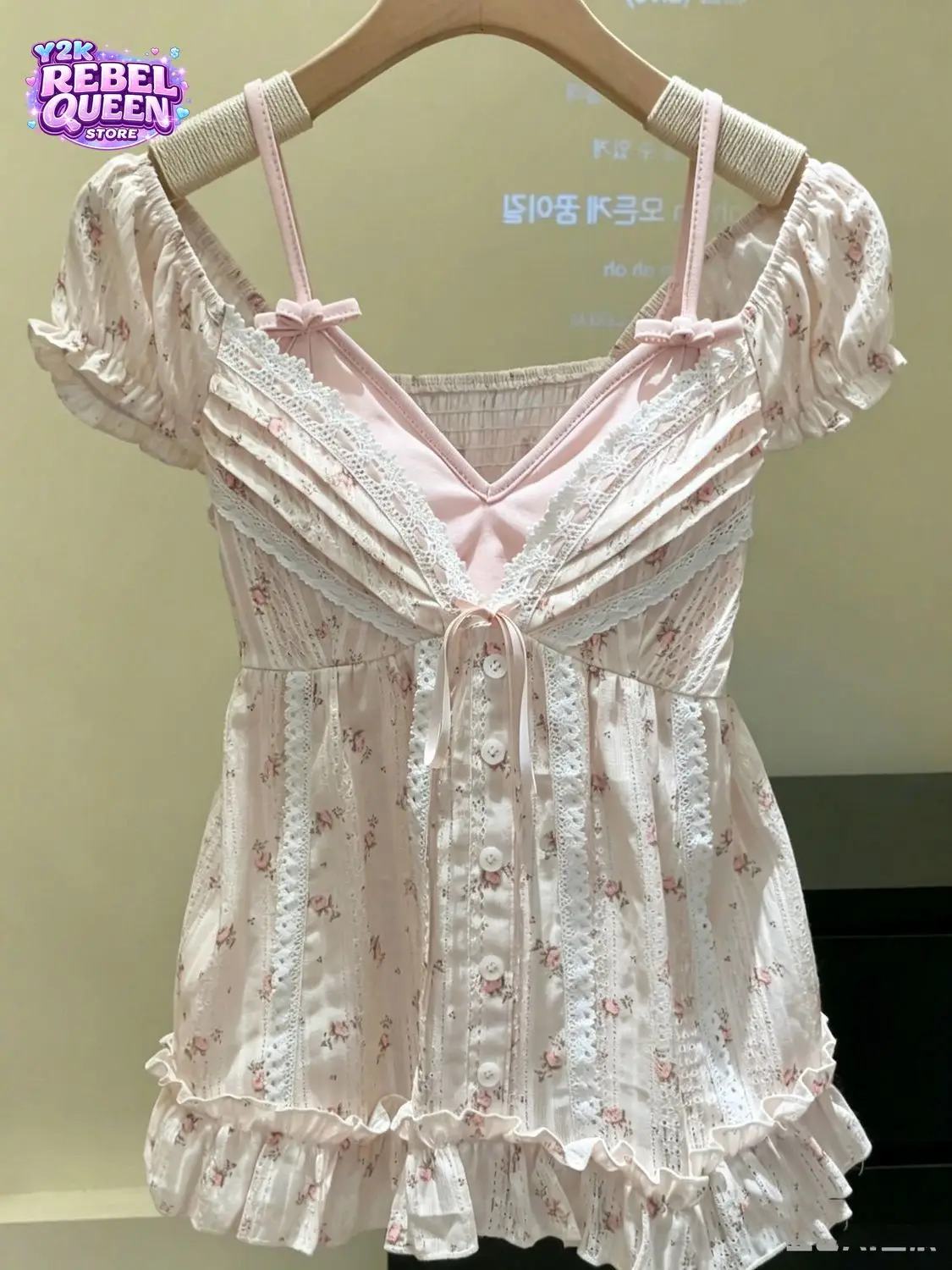 Coquette French Slim Fit Puff Sleeve Blouse Women Spaghetti Strap Lace Trim Bows Button Front Floral Print Casual Date Night Top