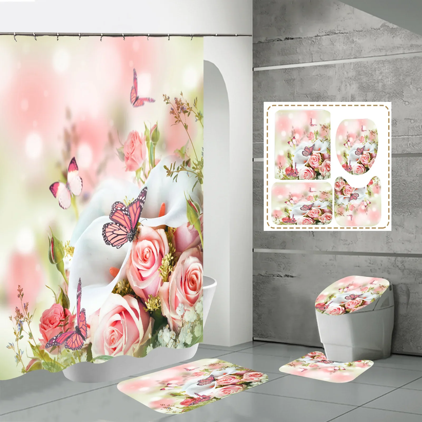 

Butterfly And Flowers Shower Curtain Set with Rugs Rose Floral Bathroom Set with Hooks Polyester Toilet Rug Carpet Bath Decor