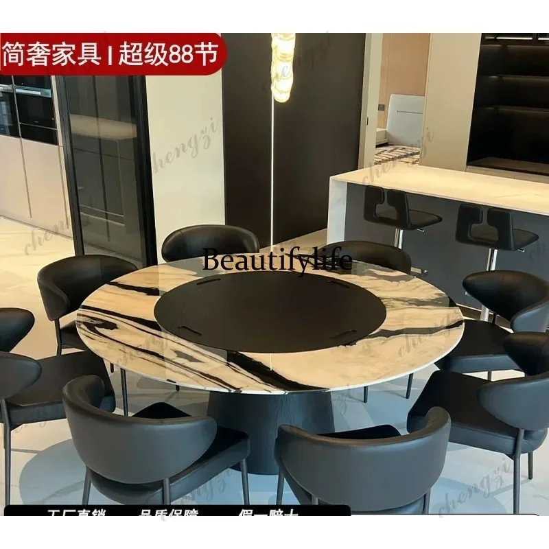 CC  Natural panda white luxury stone round dining table light luxury solid wood high-end marble dining table with turntable