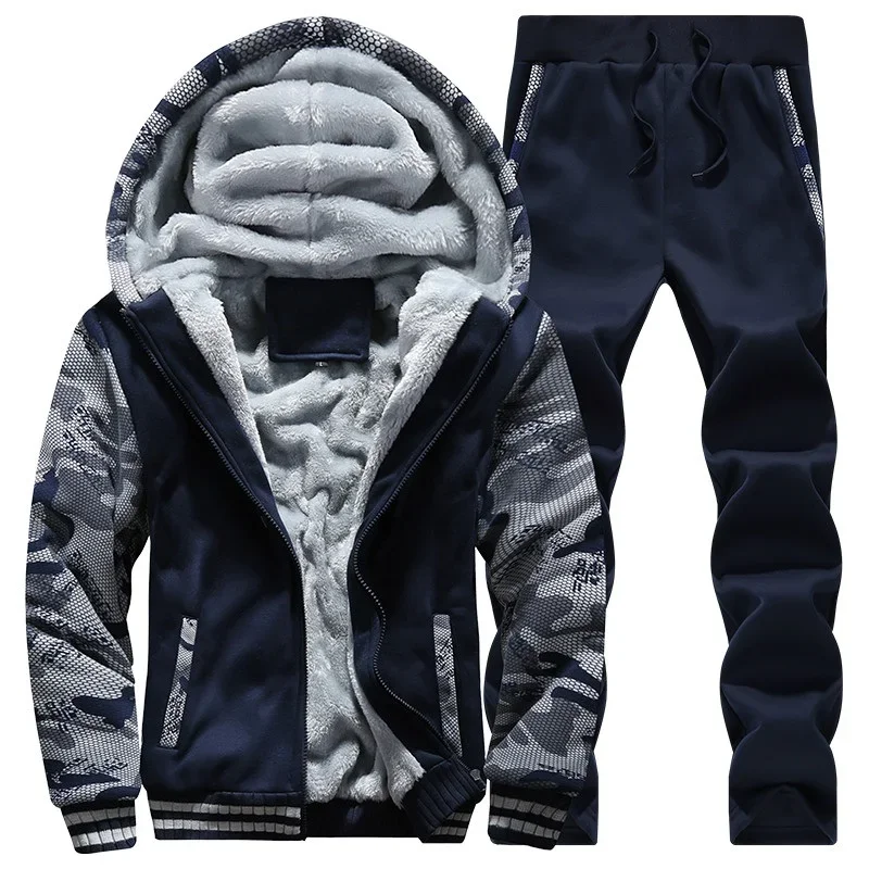 2022 Fleece Winter Tracksuit Men Set Streetwear Mens Hoodie Sets Camouflage Thick Hooded Jacket Male Patchwork Moleton Masculino