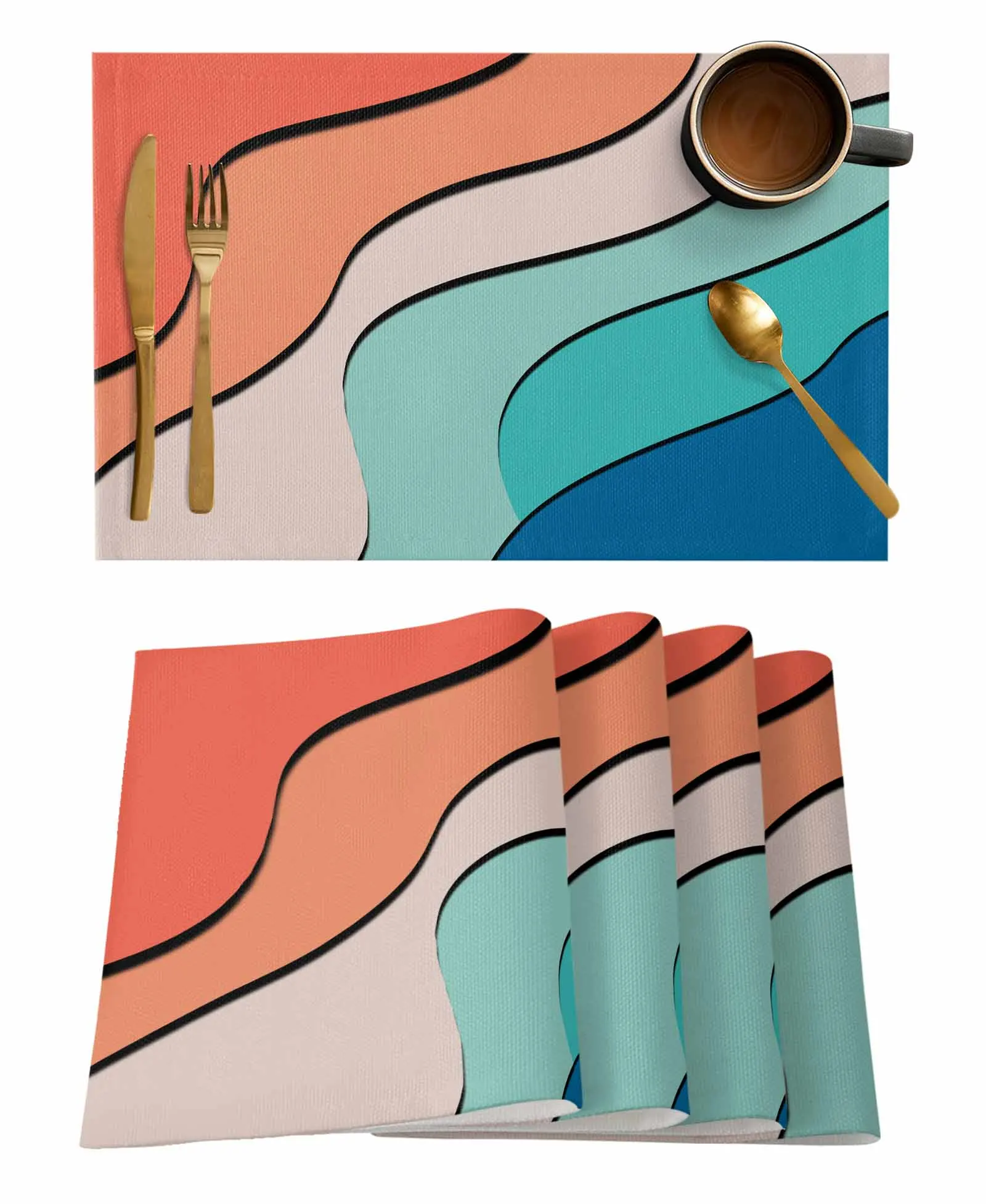 Line Color Block Shadow Wave Kitchen Tableware Cup Bottle Placemat Coffee Pads 4/6pcs Desktop Mats