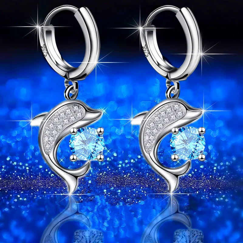 Cute Small Dolphin Playing Ball Earrings Aqua Blue Crystal Round Stone Hoop Earring For Women Silver Color Ocean Animal Jewelry