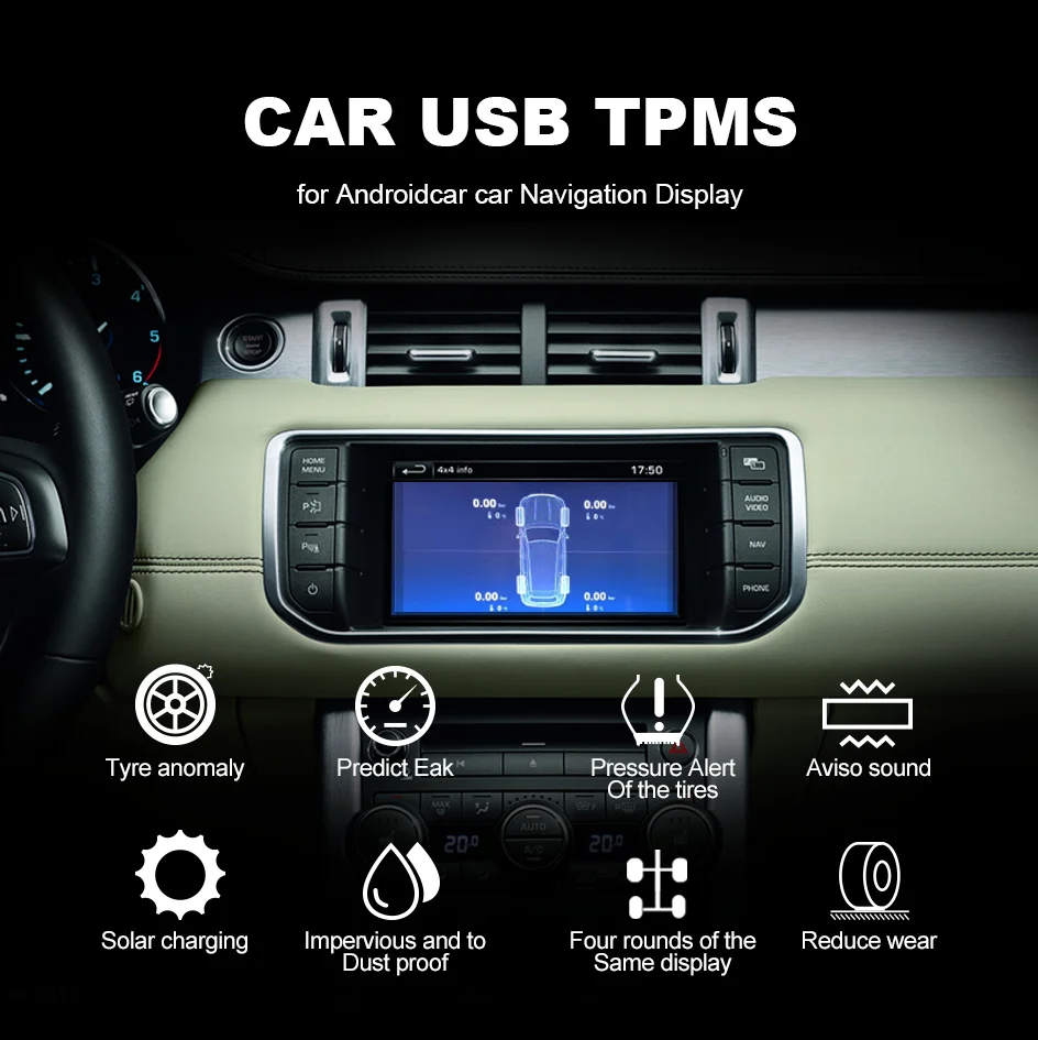 Smart Car Tire Pressure Monitoring In-vehicle SystemEasy to UseSupport Android TPMS Radio DVD Player Pressure Temperature Alerts