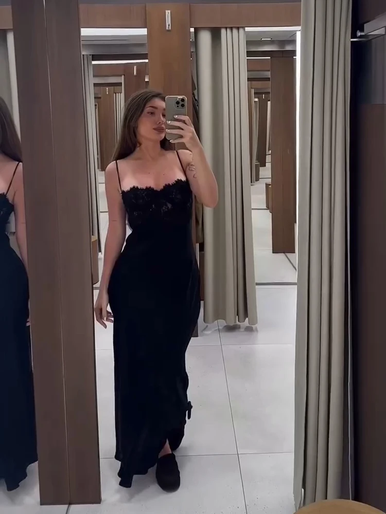 Spitzenkleid mit Spaghettiträgern für Damen, ärmellos, elegant, mit Aussparungen, knöchellang, modisch, enganliegend, Damenkleid 2026 Sommer