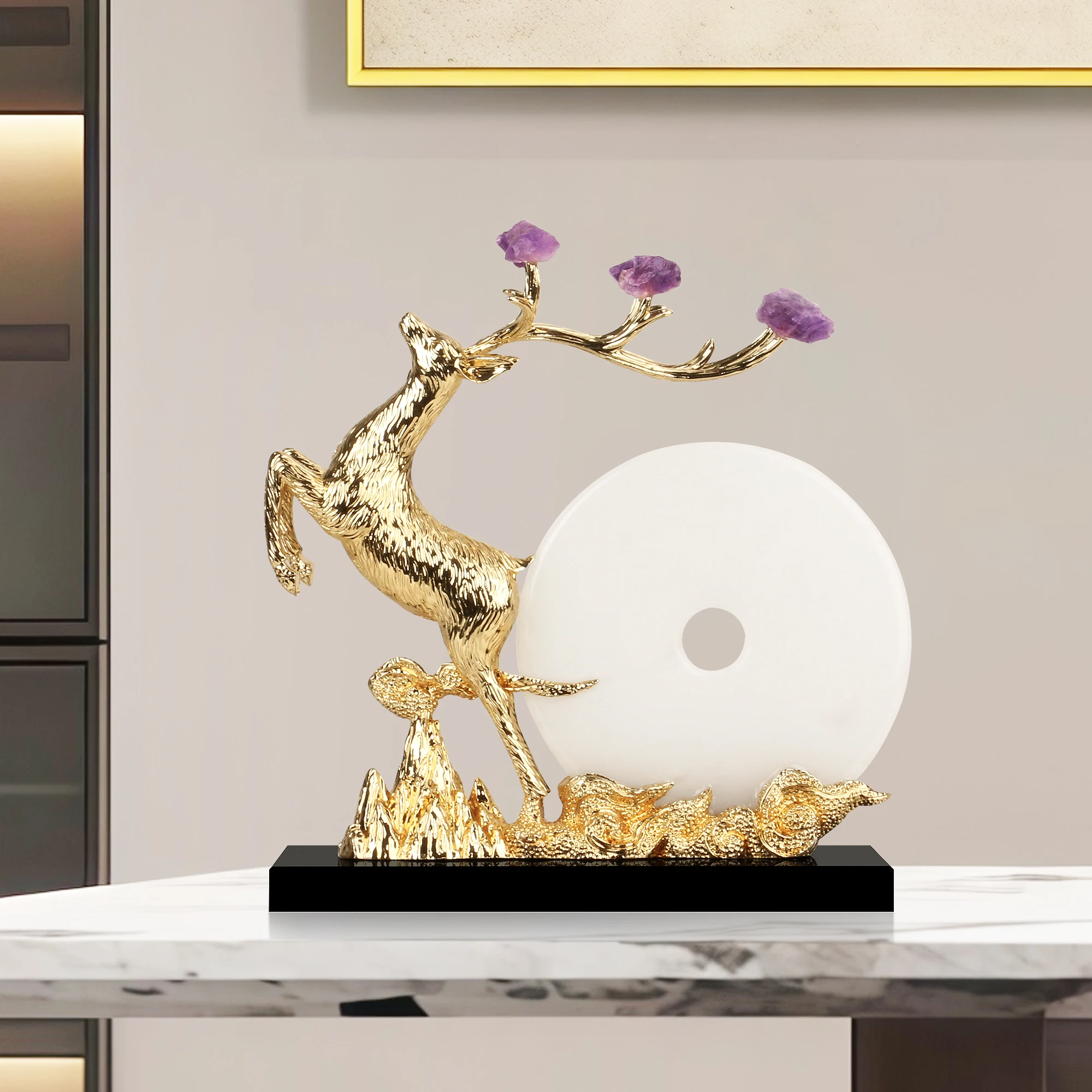 Natural amethyst deer ornament gold alloy lucky deer statue white jade and peace buckle home decoration