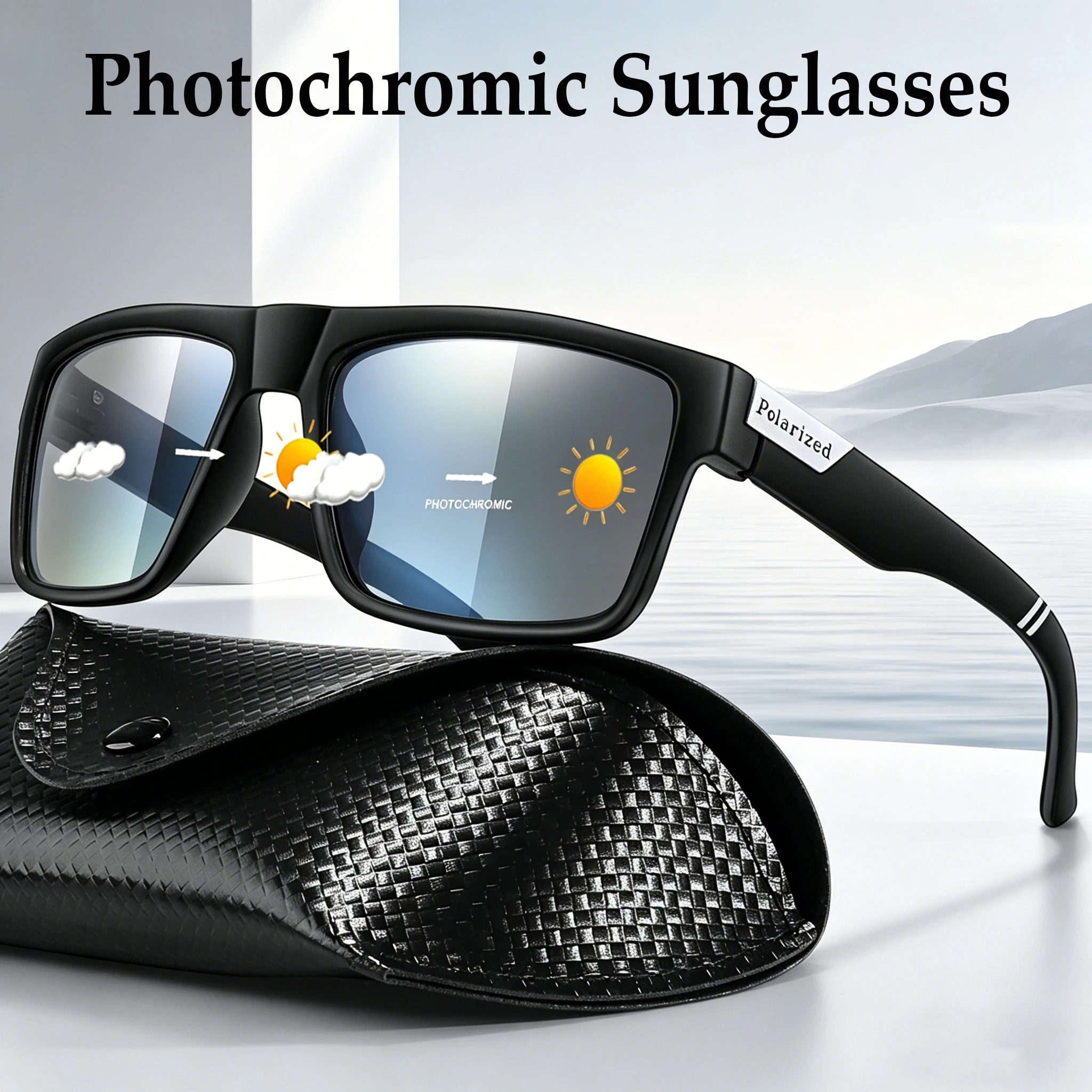 Men's Photochromic Cycling Sunglasses with Case Classic Square Frame Glasses for Women Suitable for Cycling Running Hiking